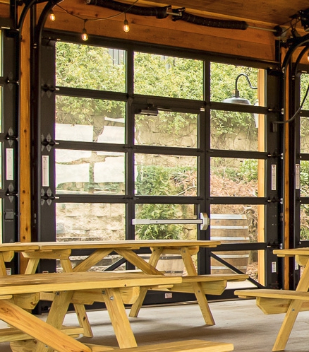 Inside Vineyard with Glass Garage Doors